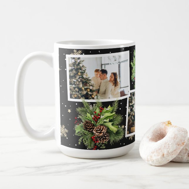 Schwarzes botanisches Foto Collage Weihnachten Kaffeetasse (Mit Donut)