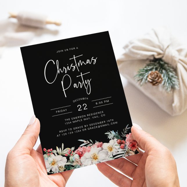 Schwarzes botanisches Party Einladung (Elegant Black Christmas Party Holiday Invitation Watercolor Berries Botanical Florals)