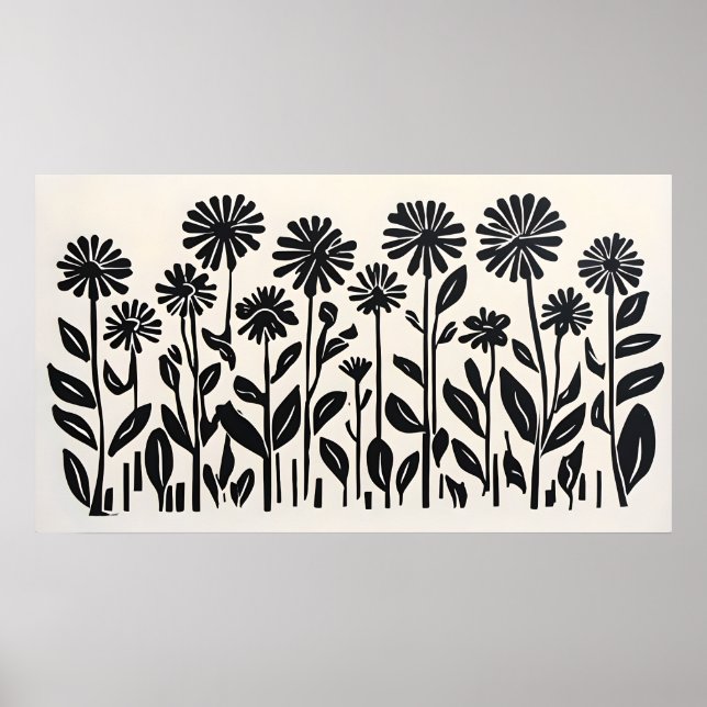 Schwarzes Botanisches Poster - Moderne Blumenkunst (Vorne)