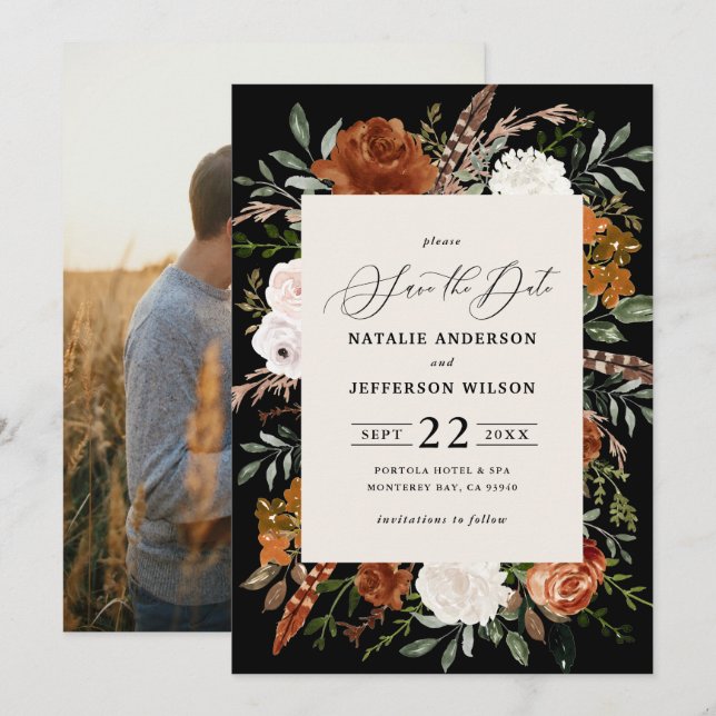 Schwarzes botanisches rustikales Foto Hochzeit spe Save The Date (Vorne/Hinten)
