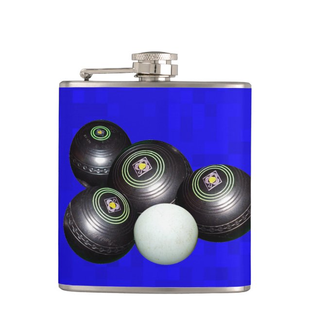 Schwarzes Bowling auf Blau, Flachmann (Vorderseite)