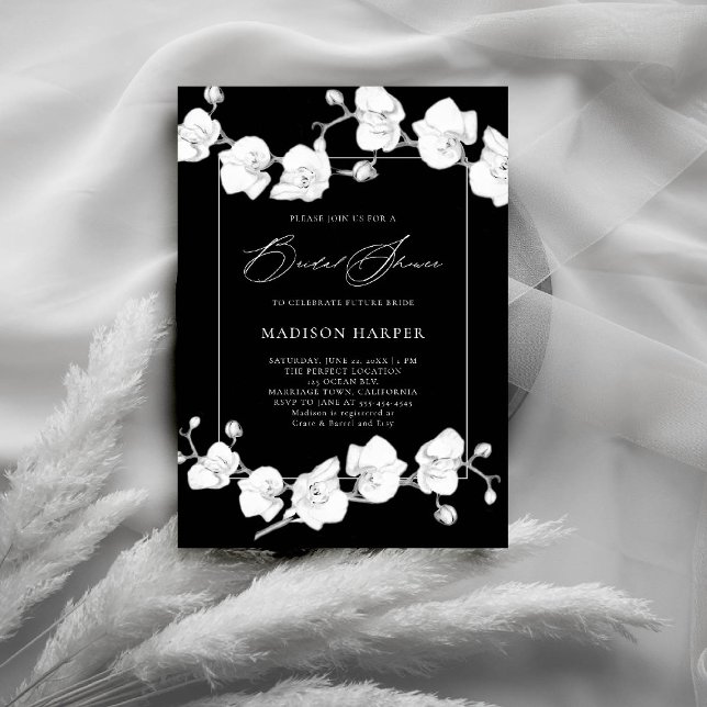 Schwarzes Brautparty mit weißer Orchidee Einladung (orchids bridal shower invitation black white art floral sketch modern classic formal elegant chic)