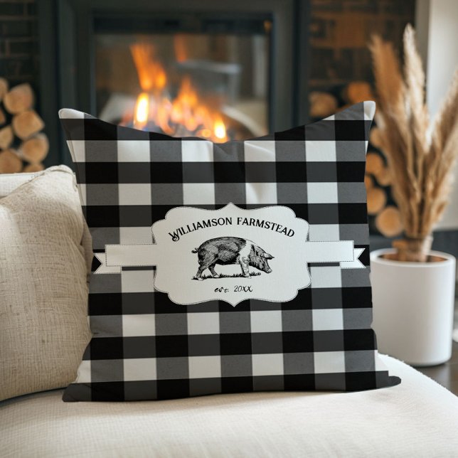 Schwarzes Buffalo, Kariertes Schweinebraupe Kissen (Black Buffalo Plaid Farm Pig Throw Pillow)