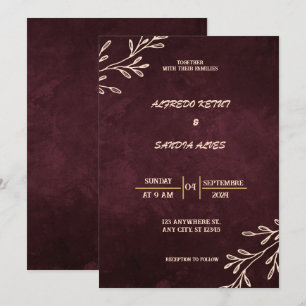 Schwarzes Burgund und goldene Blumen moderne Boho- Einladung