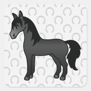 Schwarzes Cartoon-Pferd Quadratischer Aufkleber