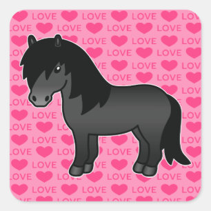 Schwarzes Cartoon-Shetlandpony Love Hearts Quadratischer Aufkleber