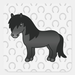 Schwarzes Cartoon-Shetlandpony Quadratischer Aufkleber