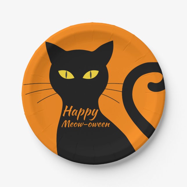 Schwarzes Cat Orange Halloween-Party Pappteller (Vorderseite)