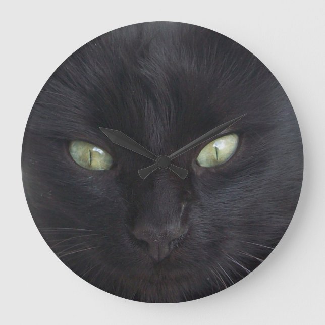 SCHWARZES CAT-PORTRAT MIT EMERALD AUGEN GROßE WANDUHR (Vorderseite)