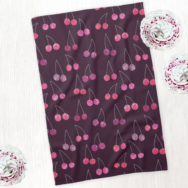 Schwarzes Cherry-Wasserfarbmuster Geschirrtuch (Watercolor black cherries pattern kitchen tea towel)