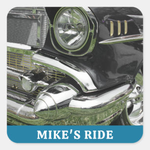 Schwarzes Chevy-Auto von 1957, Name/Nachricht, Ihr Quadratischer Aufkleber