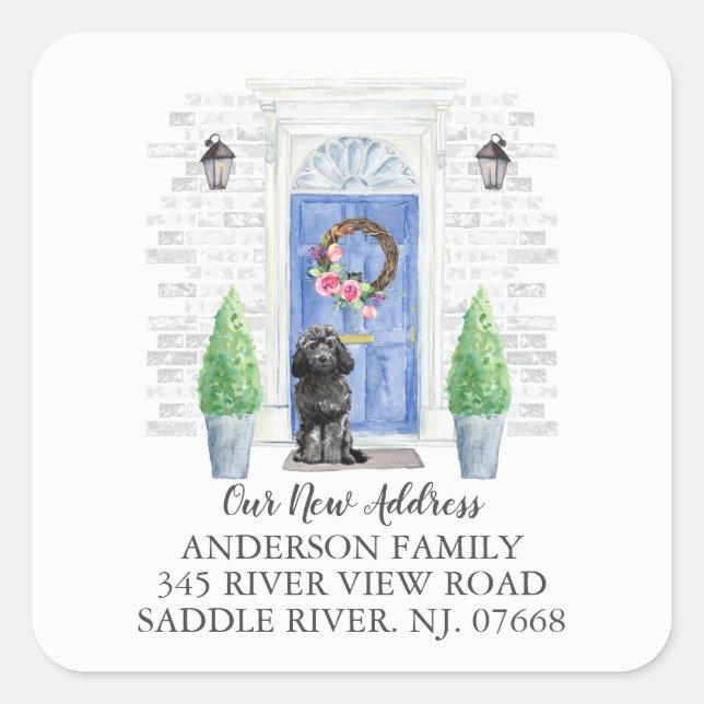 Schwarzes Cockapoo blaue Tür neues Adressetikett Quadratischer Aufkleber (Vorderseite)