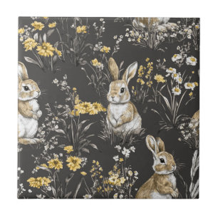 Schwarzes Cottagecore-Kanichen-Blumen-Toile-Muster Fliese