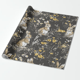 Schwarzes Cottagecore-Kaninchen-Blumen-Toile-Muste Geschenkpapier