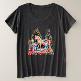 Schwarzes Cowgirl Winter Szene Pferd Frohe Weihnac Große Größe T-Shirt