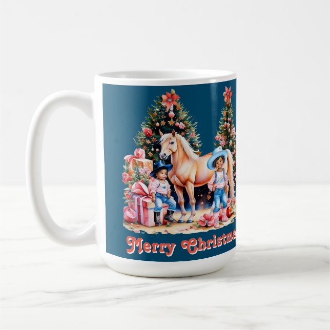 Schwarzes Cowgirl Winter Szene Pferd Frohe Weihnac Kaffeetasse (Links)
