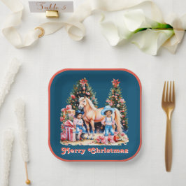 Schwarzes Cowgirl Winter Szene Pferd Frohe Weihnac Pappteller