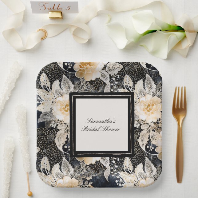 Schwarzes Creme Leopard Tier Floral Brautparty Pappteller (Hochzeit)