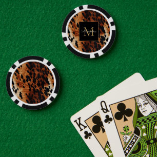 Schwarzes Cremebraunes Kuhleder Gold Monogramm Pokerchips