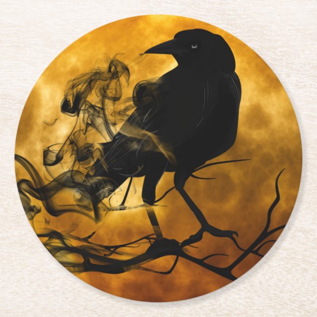 Schwarzes Crow Halloween Runder Pappuntersetzer (Vorderseite)
