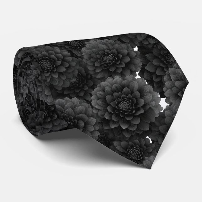 Schwarzes Dahlien-Blumenmuster Krawatte (Gerollt)