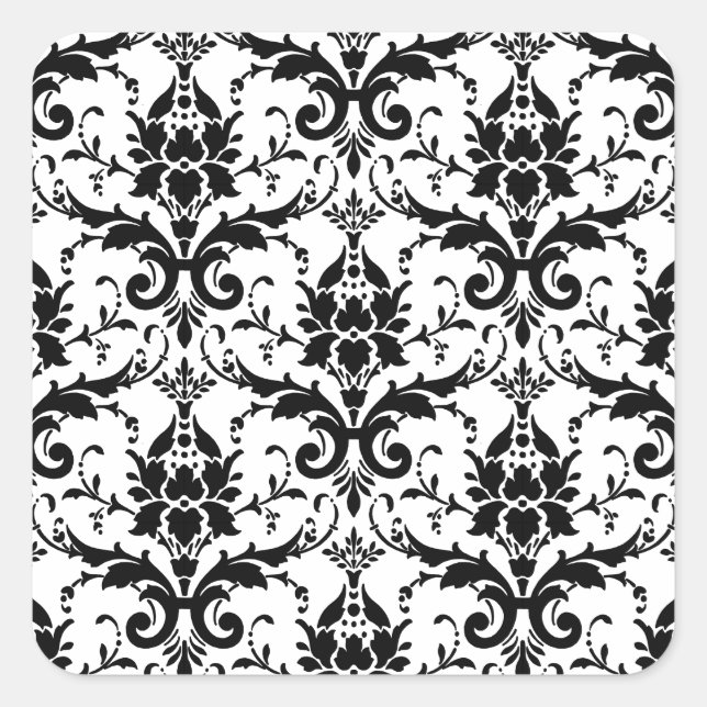 Schwarzes Damask-Fliesenmuster Quadratischer Aufkleber (Vorderseite)