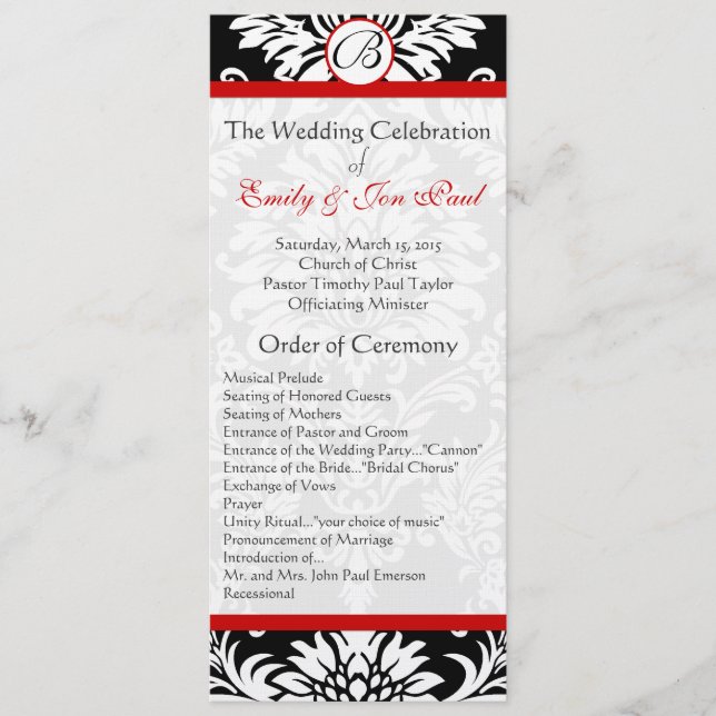 Schwarzes Damast-Hochzeitsprogramm 9x4 mit roter U Programm (Vorderseite)