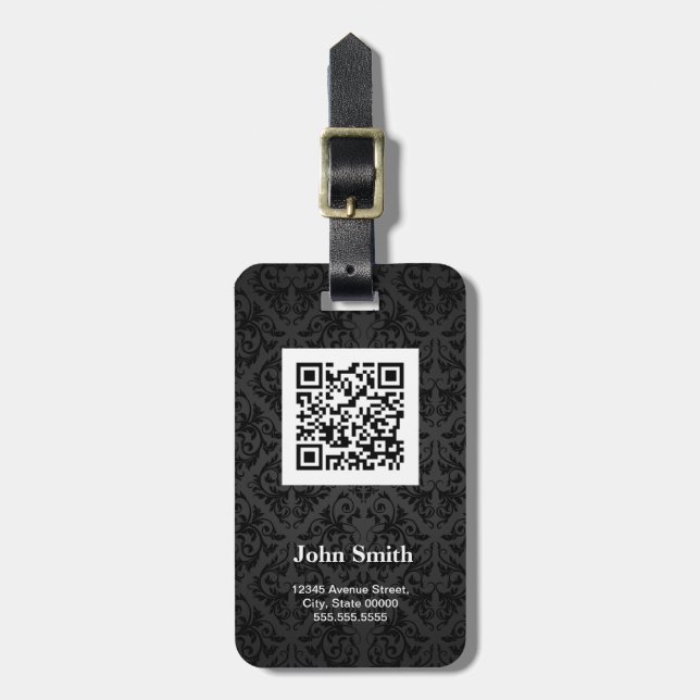Schwarzes Damast-Muster mit QR Code-individuellem Gepäckanhänger (Vorderseite vertikal)