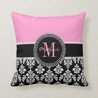 Schwarzes Damast rosa personalisiertes Monogramm-K Kissen