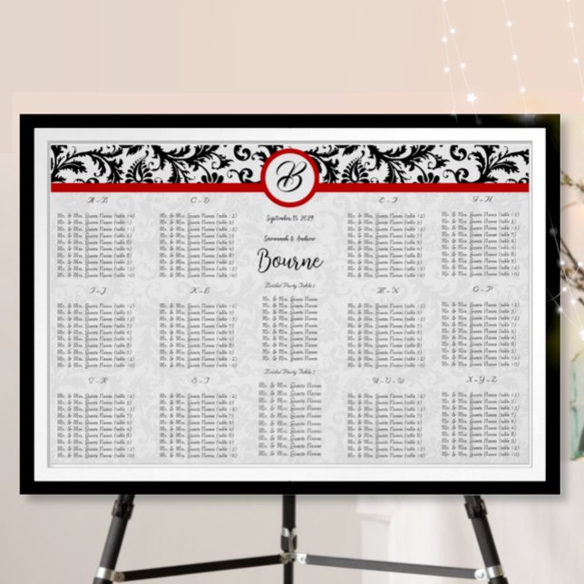 Schwarzes Damast Rot Monogramm Sitzplan Poster (Von Creator hochgeladen)