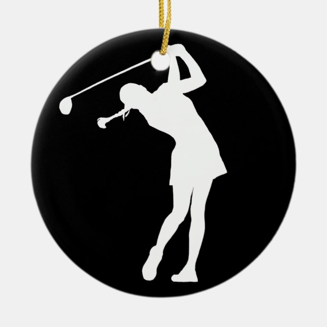 Schwarzes Damen-Golfer Silhouette Ornament w/Name (Vorne)