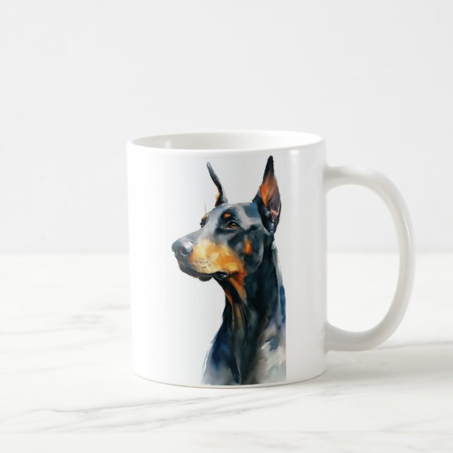 Schwarzes Dobermann-Wasserfarbenporträt Kaffeetasse (Rechts)