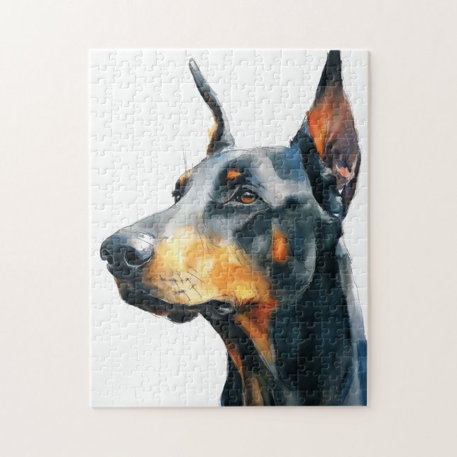 Schwarzes Dobermann-Wasserfarbenporträt Puzzle (Vertikal)