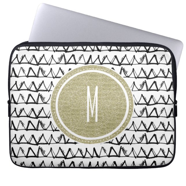 Schwarzes Dreieck-GoldGlitzer-Monogramm Laptopschutzhülle (Vorderseite)