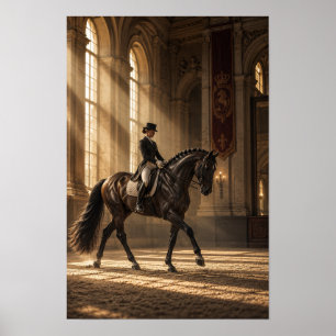 Schwarzes Dressurpferd und Reiter in großer Reitha Poster