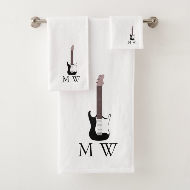 Schwarzes E-Gitarren-Design mit Monogramm Badhandtuch Set (Insitu)
