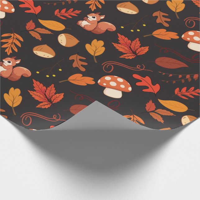 Schwarzes Eichhörnchen und Blätter Nahtloses Wrapp Geschenkpapier (Ecke)