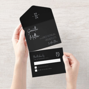Schwarzes Einfaches Minimalistisches Silberstreife All-in-One-Einladung