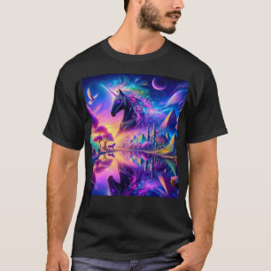 Schwarzes Einhorn in einer Fantasiewelt mit Pyrami T-Shirt