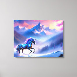 Schwarzes Einhorn in einer traumhaften Winterlands Leinwanddruck