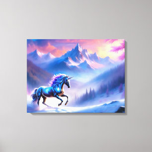 Schwarzes Einhorn in einer traumhaften Winterlands Leinwanddruck