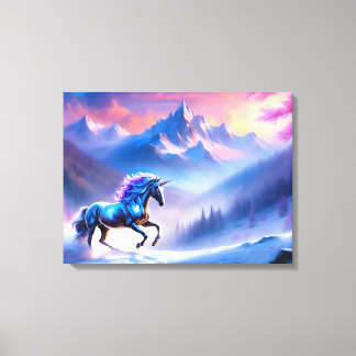 Schwarzes Einhorn in einer traumhaften Winterlands Leinwanddruck