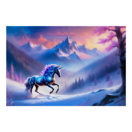 Schwarzes Einhorn in einer traumhaften Winterlands Poster