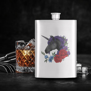Schwarzes Einhorn Lila Mitternachtsgarten Blumen Flachmann
