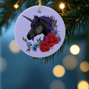 Schwarzes Einhorn Lila Mitternachtsgarten Blumen Keramik Ornament