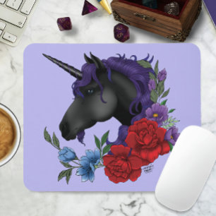 Schwarzes Einhorn Lila Mitternachtsgarten Blumen Mousepad
