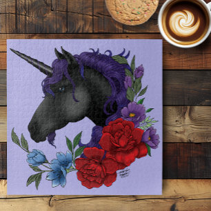 Schwarzes Einhorn Lila Mitternachtsgarten Blumen Puzzle