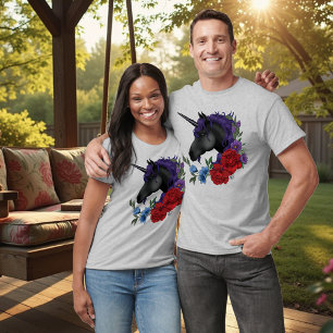 Schwarzes Einhorn Lila Mitternachtsgarten Blumen T-Shirt