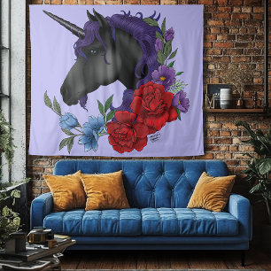 Schwarzes Einhorn Lila Mitternachtsgarten Blumen Wandteppich