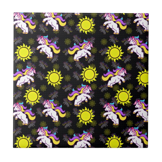 Schwarzes Einhorn Muster Fliese (Vorderseite)